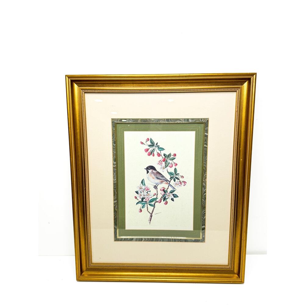 Beautiful Vintage Gold Framed Chickadee Lithograph Signed , Vintage Bird Print